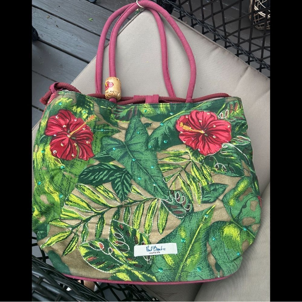 Paul Brent tropical beach cotton canvas tote , sequins, embellishments.. so cut